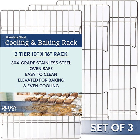 Ultra Cuisine Heavy Duty 3 Tiers Stackable, 16" x 10" Cooling Rack for Cooking and Baking - Professional Grade Premium 100% Stainless Steel Baking Rack & Wire Cooling Mesh - Dishwasher Safe - Pack 3