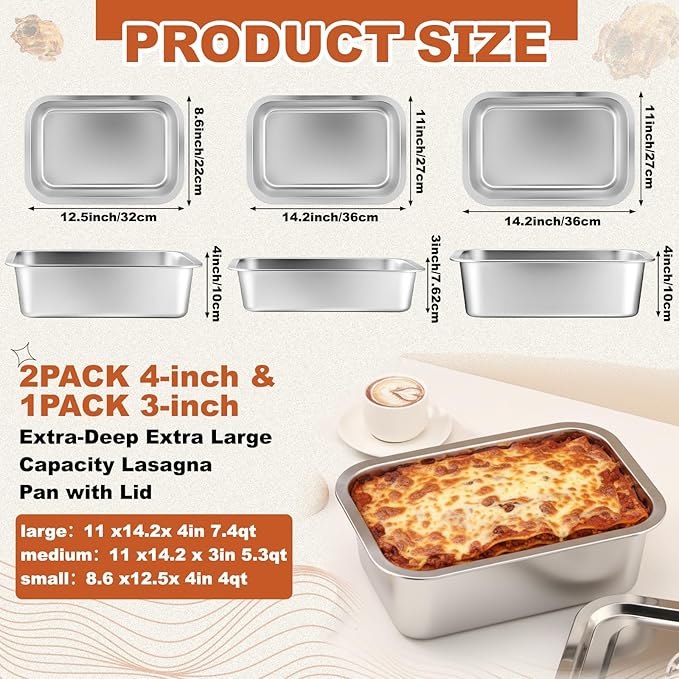 3 Pack 4 Inch Extra Deep Lasagna Baking Pan with Lid, 11"x14.2" 7.4qt & 8.6"x12.5" 4qt &11"x14.2" x 3" 5.3qt Large Stainless Steel Nonstick Lasagna Roasting Pans Set, Baking Dishes for Oven