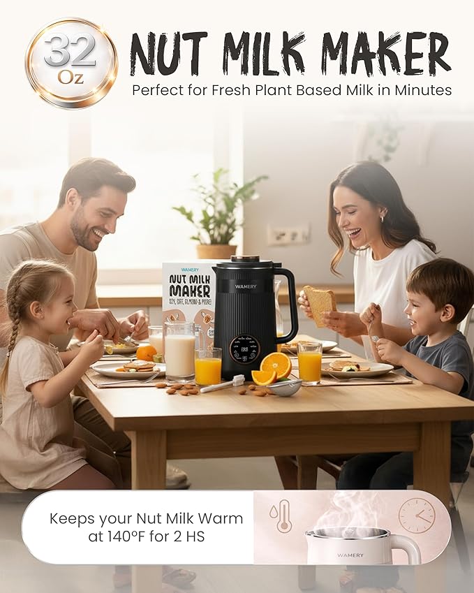 Wamery 32oz Nut Milk Maker Machine (Black) - Soy Milk Maker for Almond & Oat, Automatic Heated Programs, Self‑Cleaning, Delay Start, Keep Warm & Boil Water, 1‑Liter Capacity with Starter Accessories