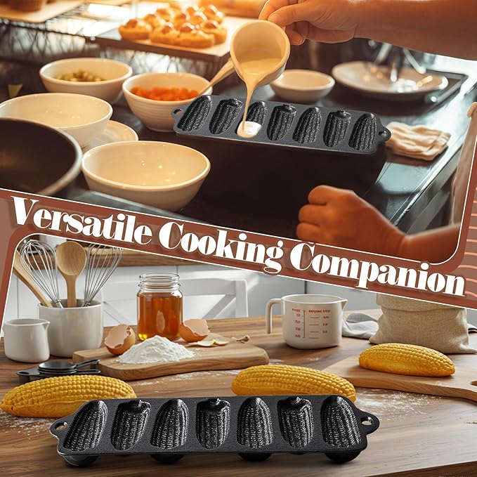 2 Pcs Cast Iron Corn stick Pan Corn Bread Molds with 7 Corncob Sticks Cornbread Loaf Cakes Corndog Baking Compatible with Oven, Stovetop, Grill, and Campfires