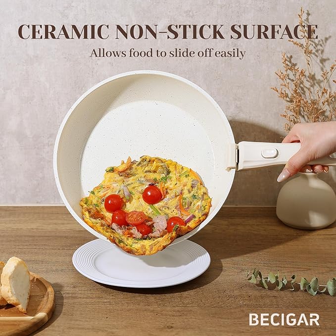 Nonstick Ceramic Cookware Set 21PCS with Detachable Handle, Pans and Pots Set, RV Kitchen Set Cookware Set, with Removable Handles, Oven Safe, Induction Ready, Stackable Non-stick Set