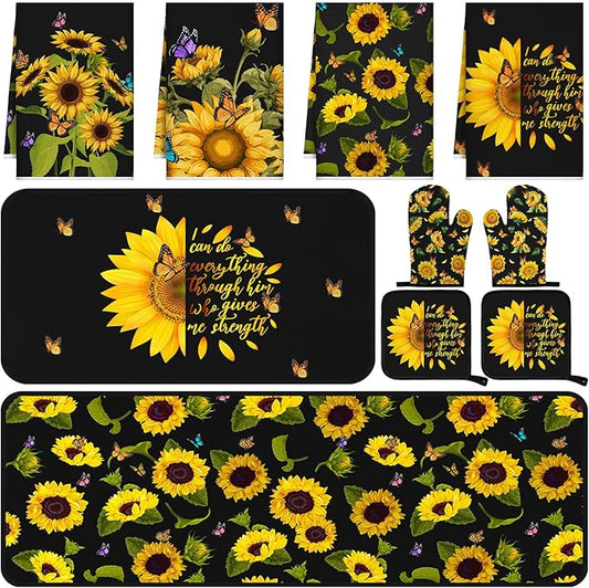 10 Pcs Sunflower Kitchen Decor Sunflower Oven Mitts and Pot Holders Set Black Dish Towels Summer Rugs Mats Farmhouse Kitchen Accessories for Chef Baking Cooking Grilling BBQ Women Home Gift