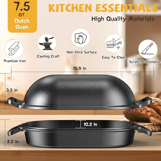 Cast Iron Dutch Oven for Bread Baking, With Banneton Bread Proofing Basket & Baking Supplies, 7.5QT Multi-Functional Dutch Oven Pot with Lid, Cast Iron Bread Pan, Black