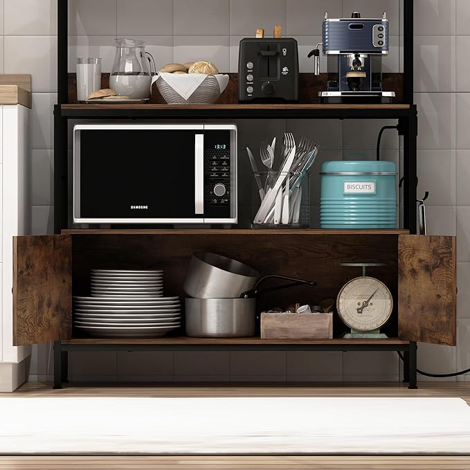 5-Tier Kitchen Bakers Rack with Power Outlet,Industrial Microwave Oven Stand, Utility Storage Shelf,Free Standing Kitchen Utility Cart Storage Shelf Organizer with Hooks