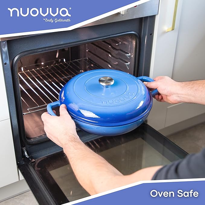 Cast Iron Dutch Oven with Lid – Non Stick Shallow Dutch Oven Pot, Oven Safe up to 500° F – Sturdy Cooking Pot – Enamelled Stockpot Cookware – Dark Blue, 3.7-Quart, 30cm – by Nuovva