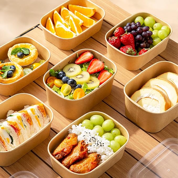 DI QIU REN 50-Pack 29oz Disposable Kraft Paper Bowls【with Lids and Forks】,Meal Prep Containers Disposable To go Food Containers Christmas Take Out Containers, Microwave Safe for Hot/Cold Food