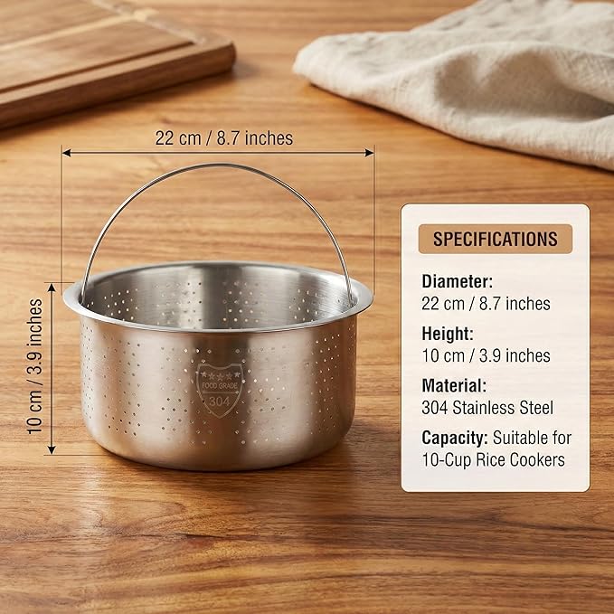 Stainless Steel Steamer Basket for 10-Cup Rice Cooker - Metal Steaming Rack with Handle, Effectively Removes Sugar from Rice for Healthy Diet, Vegetable Steamer Insert