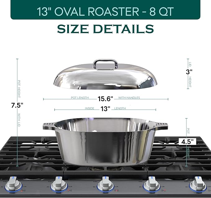 Cast Aluminum Oval Dutch Oven with Lid — 8 QT Heavy Duty Roaster Pan with Rack & Silicone Cover Dual Handles — Cajun Cookware for Roasting, Baking, Cooking (13" Medium)