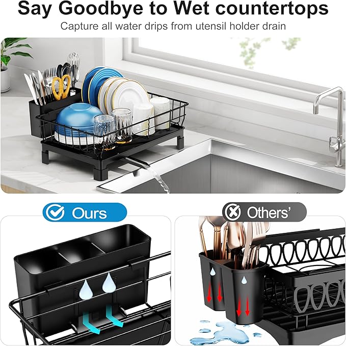 GSlife Small Dish Drying Rack for Kitchen Counter with Drainboard - Compact Dish Drainer for RV, Camper and Apartment, Rust-Resistant Wire Rack with Utensil Holder, 15"L x 10"W, Black