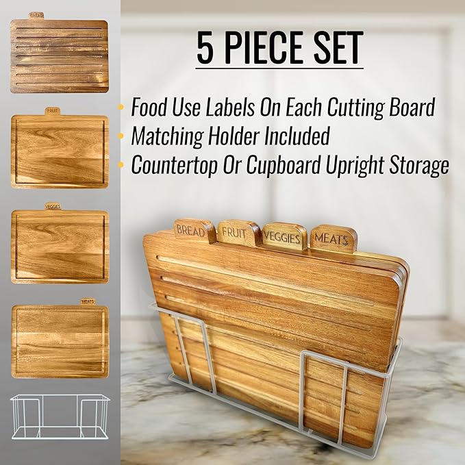 Acacia Cutting Boards for Kitchen with Holder 13" x 11" x 2.5" | Labeled Wood Cutting Board Sets | Large Wooden Cutting Board Set with Black Organized Stand (Acacia White Holder)