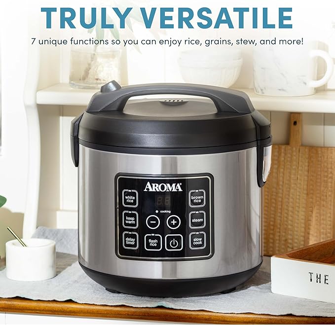 AROMA® 20-Cup (Cooked) / 10-Cup (Uncooked) Digital Rice Cooker, Multicooker, Slow Cooker, Steamer, Flash Rice, Keep Warm, Sensor Logic® Technology, Stainless Steel Exterior