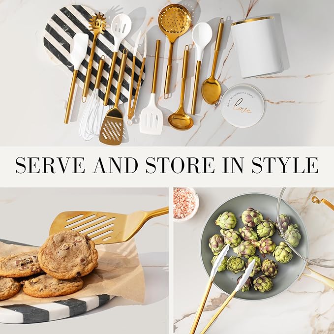 STYLED SETTINGS White and Gold Cooking Utensils Set – 13-Piece Set Includes Gold Kitchen Utensils, Ceramic Utensil Holder and Built-In Spoon Rest – Luxury Kitchen Accessories