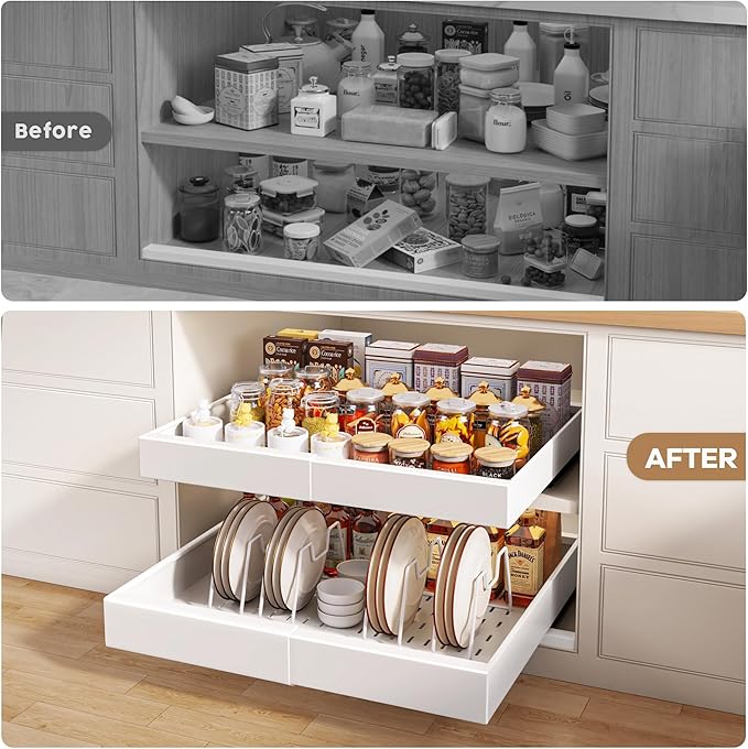 4 Pack Pull out Cabinet Organizer 21"Deep with Raising Pad for Framed Cabinets, Expandable Slide out Drawers for Kitchen Cabinets with 4pcs Divider Racks, Roll out Shelves 12.1"-20.4" W White