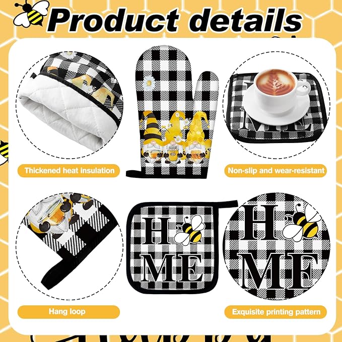 10 Pcs Bee Kitchen Decor Sunflower Oven Mitts and Pot Holders Set Bee Dish Towels Rugs Mats Buffalo Plaid Farmhouse Kitchen Accessories for Chef Baking Cooking Grilling BBQ Women Home Gift