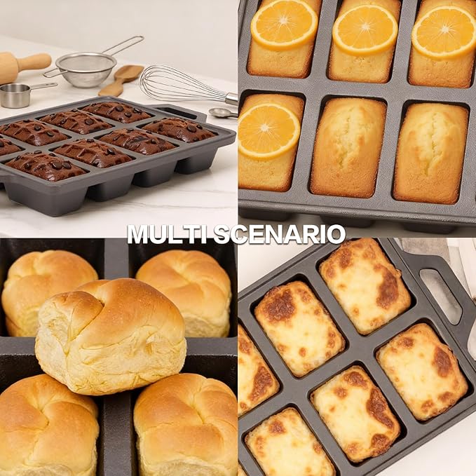 2pack Cast Iron Mini Loaf Pans 8-Cavity Bread Loaf Pans Pre-Seasoned Baking Pan Molds with Handle Bread Pans for Homemade Bread