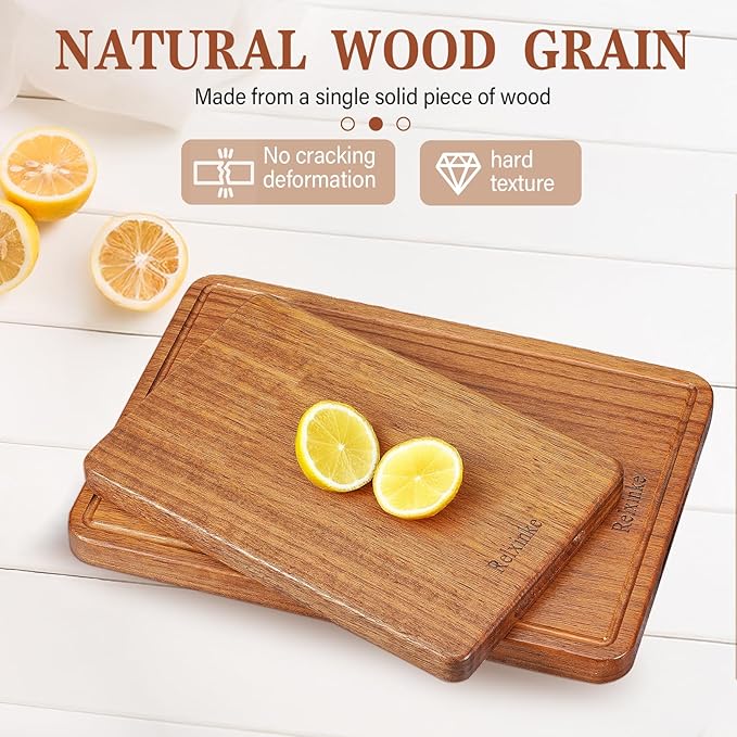 Solid Teak Wood Cutting Board One Piece Non Glued Thick Crack Resistant Wooden Chopping Board with DeepJuice Grooves Built in Handles for Kitchen Meat Vegetable 12x8 IN