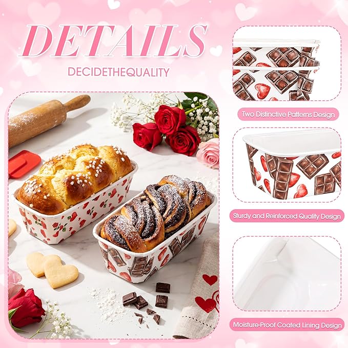 Honeydak 100 Sets Mini Loaf Baking Pans Bulk Paper Loaf Pans for Baking 6.3 x 2.2 x 2.2 in Romantic Disposable Serving Tray Heart Rose Chocolate Pattern Party Supplies (Valentine)