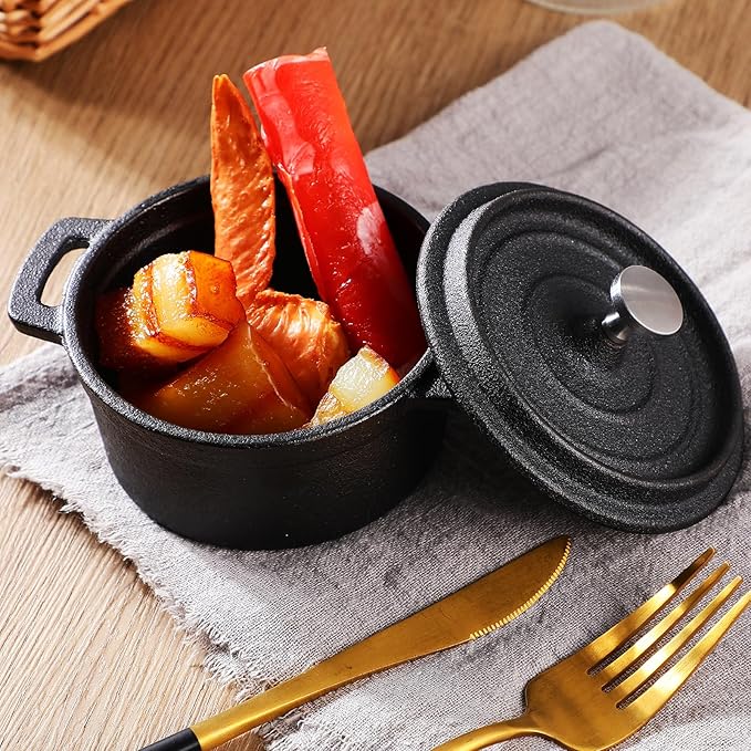 4 Pcs Mini Dutch Oven Small Round Iron Cocotte Black Dutch Oven Pot with Lid and Dual Handles Cast Iron Pot for Stovetop Use Marinate Cook Bake Refrigerate Garlic, Individual Servings(17 oz)