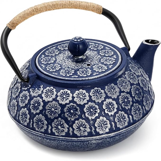 Juvale Japanese Cast Iron Teapot with Infuser & Stovetop Tea Kettle - 34 oz, Blue - Heat Retention, Removable Lid & Fold-Down Handle
