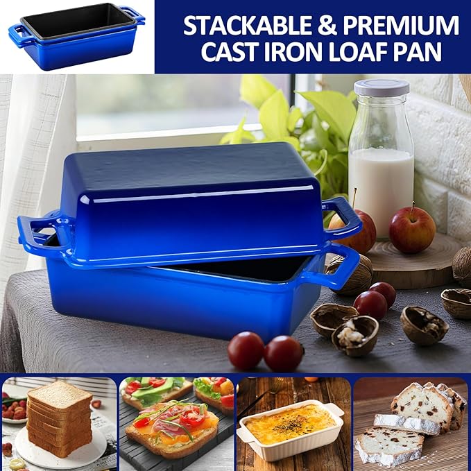 Leonyo 9 x 5 inch Cast Iron Loaf Pan Set of 2, 2-in-1 Enameled Sourdough Baking Pan with Lid, Homemade Bread Dutch Oven for Pound Cake, Lasagna, Up to 500℉ & Blue
