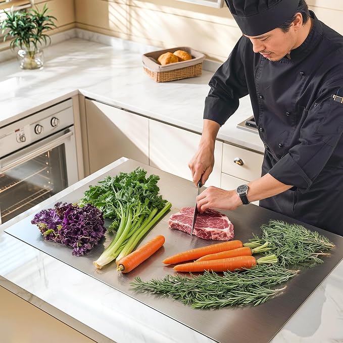 Nisorpa 304 Stainless Steel Chopping Board with Lip, Extra Large Cutting Boards for Kitchen Heavy Duty Cutting Plate with Anti-Slip Mat for Meat Vegetables & Bread, Pastry Board, 35.4"Lx22.8"W