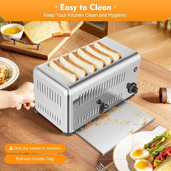 Electric 6 Slice Toaster with 5 Shade Settings, Commercial Bread Baking Machine 1.1in Wide Slot, 1680W, 201 Stainless Steel, for Various Bread Types