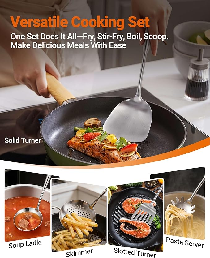 304 Stainless Steel Kitchen Utensils Set - 15PCS Long Metal Cooking Utensil Serving Utensils Set, Masher, Whisk, Turner, Serving Spoon, Fork, Tongs, Skimmer, Ladle, etc (Dishwasher Safe)