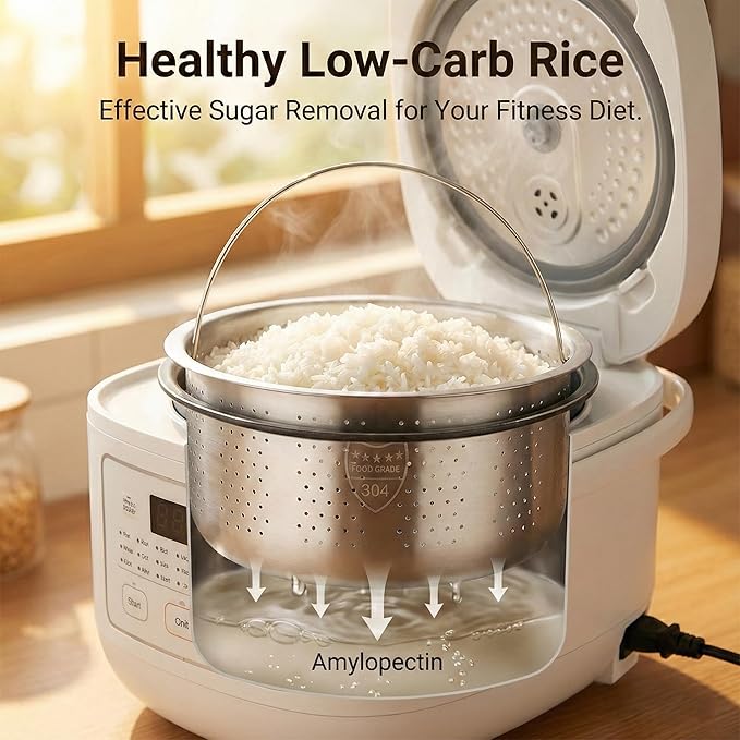 Stainless Steel Steamer Basket for 10-Cup Rice Cooker - Metal Steaming Rack with Handle, Effectively Removes Sugar from Rice for Healthy Diet, Vegetable Steamer Insert