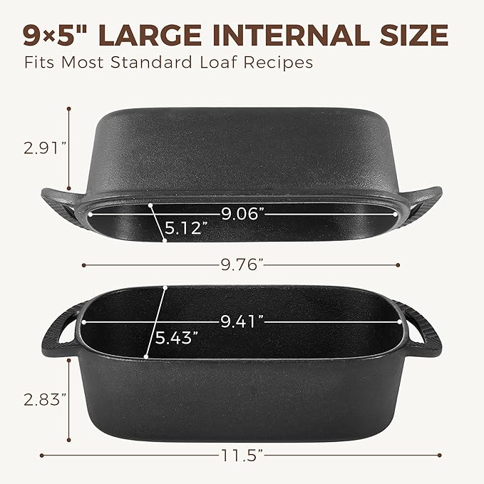 HONGBAKE Everline Collection 2 in 1 Cast Iron Loaf Pan with Lid, 9x5 Bread Pans for Homemade Bread, Pre-Seasoned Nonstick Sourdough Baking Pan, Even Heating Loaf Dutch Oven, Banana Bread Tins