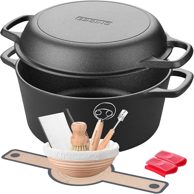 Pre-Seasoned Cast Iron Dutch Oven Pot with Skillet Lid Cooking Pan, 2-in-1 Sourdough Bread Baking Pan with Proofing Basket and Baking Supplies, 5QT