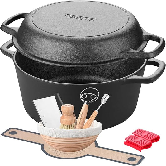 Pre-Seasoned Cast Iron Dutch Oven Pot with Skillet Lid Cooking Pan, 2-in-1 Sourdough Bread Baking Pan with Proofing Basket and Baking Supplies, 5QT