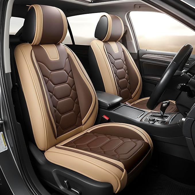 OASIS AUTO Car Seat Covers Front Seats, Sporty Honeycomb Waterproof Faux Leather Protectors, Universal Fit for SUV, Sedan, Truck Interior Accessories (OS-004 Coffee)