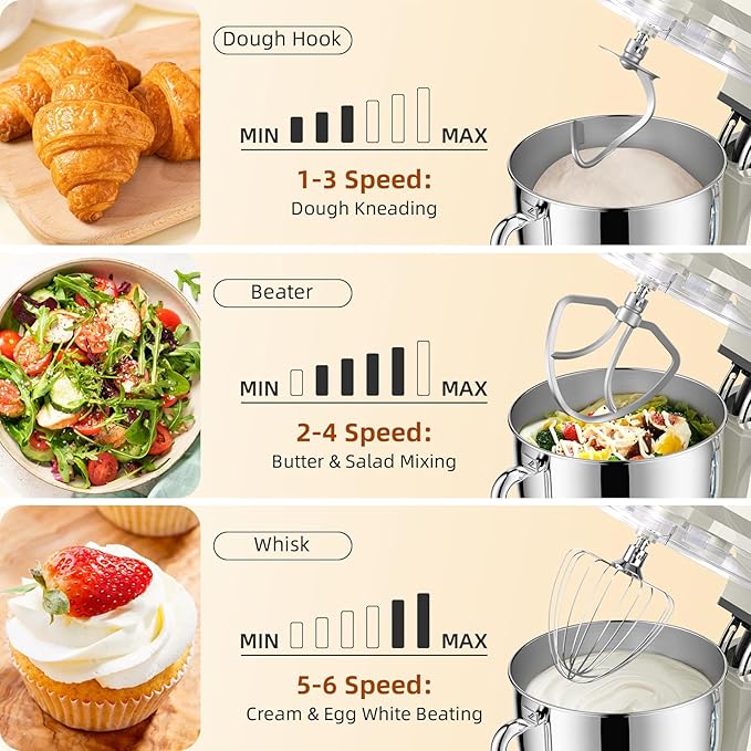 Dough Mixer 8.45 QT Electric Mixer - 660W 6 Speed Large Capacity Kitchen Stand Mixer with Whisk Dough Hook Mixing Beater Household Food Mixer for Baking Cakes Cookie Bread Salad(White)