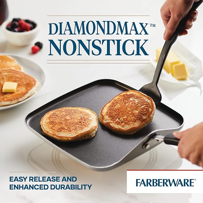 Farberware Cookstart DiamondMax Nonstick Square Deep Grill Pan/Griddle, Dishwasher Safe, 11 Inch - Silver