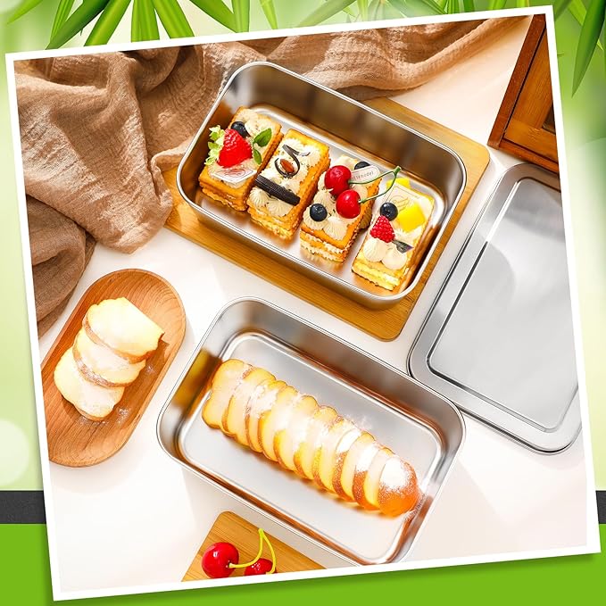 2 Sets Stainless Steel Cake Pan with Lid 6 x 9 Inch Rectangle Bread Loaf Pans with Cover Rectangle Baking Bakeware for Bread Cake Brownies, Dishwasher Safe (Classic Style)