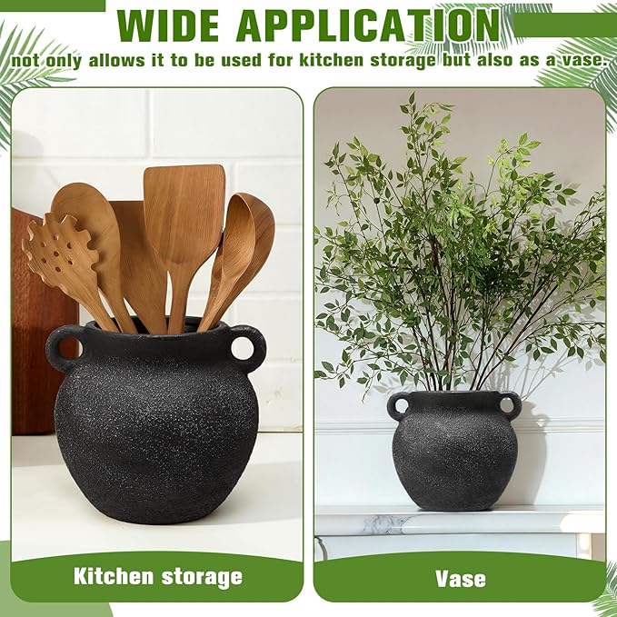 Qinyoung Rustic Kitchen Utensil Holder 6 Inch Small Ceramic Utensil Holder with Handle Vintage Crock Decoration Spatula Organizer for Kitchen Countertop Farmhouse Party Supplies(Black,Elegant)