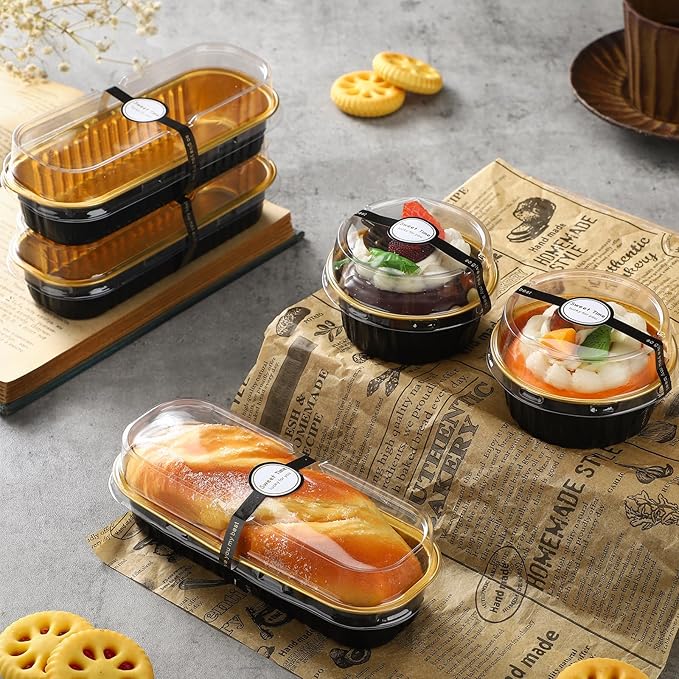 Suclain 600 Pcs Black and Gold Mini Loaf Pans with Lids and Spoons Sealing Stickers 6.8oz Disposable Aluminum Foil Muffin Baking Pans 5oz Cupcake Cups Cake Containers for Holidays Party Picnics