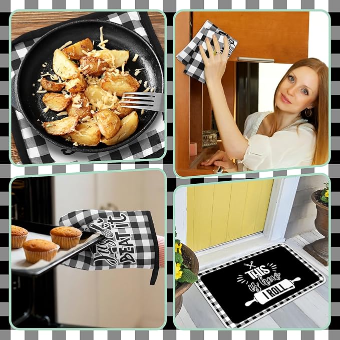 12 Pcs Checkered Buffalo Kitchen Oven Mitts and Pot Holders Black and White Dish Towels Farmhouse Kitchen Decor Accessories Set for Chef Baking Cooking Grilling BBQ Women Mom Gift