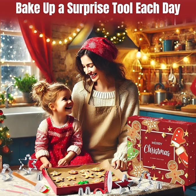 Baking Tool Advent Calendar Adult Women, 24 Day Christmas Countdown Calendar with Assorted Christmas Cookie Cutters Baking Supplies Gift for Beginners