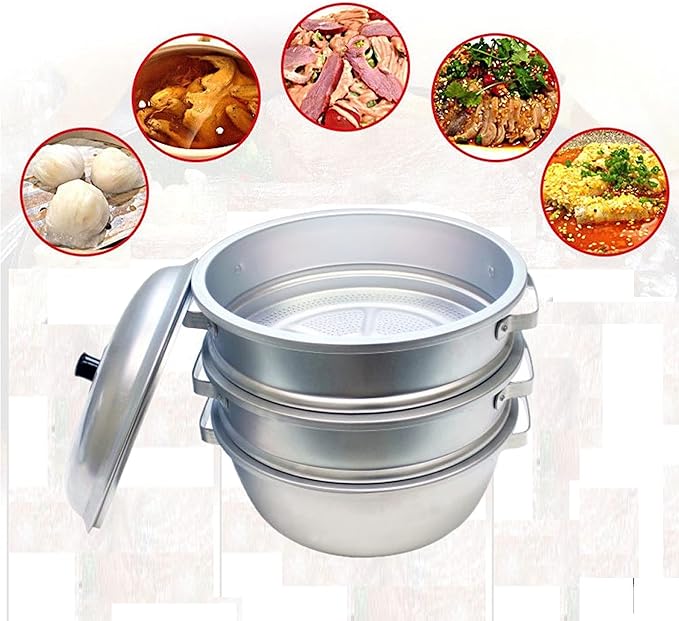 TrueCraftware- 15" x 20-1/4" Aluminum 3 Tier Steamer Set 1/8” hole size- Steamer for Cooking Pot Food Steam Pots with Lid for Cooking Vegetables Seafood Soups Stews and Pasta