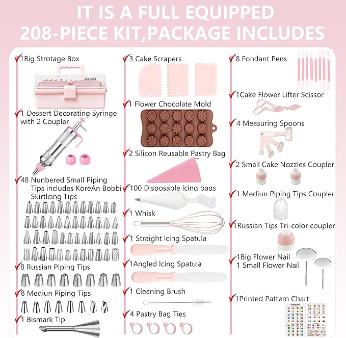 Gawren-H&E 208 PCS Cake Decorating Kit,Baking Supplies with Dessert Decorating Syringe Set,Storage Case,Icing Piping Bags and Tips Set,Frosting Fondant Bakery Set for Adults Beginners(Light Pink)
