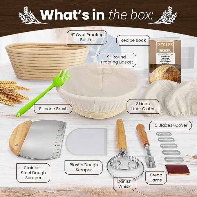 Casa Crest Sourdough Bread Baking Kit - Includes 1 Oval and 1 Round Banneton Basket for Proofing and Rising, Bowl Scraper, Cookbook, Liners, and Tools - Accessories and Supplies for Adults