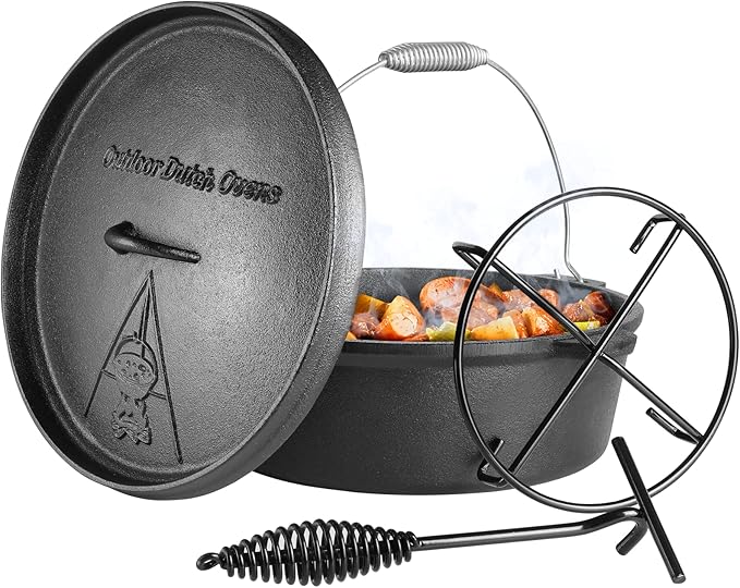 LIFERUN Dutch Oven Pot with Lid, 12 Quart Cast Iron Dutch Oven, without Feet, with Stand & Spiral-shaped Handle, Cast Iron Pot for Outdoor & Indoor, black