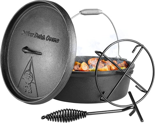 LIFERUN Dutch Oven Pot with Lid, 12 Quart Cast Iron Dutch Oven, without Feet, with Stand & Spiral-shaped Handle, Cast Iron Pot for Outdoor & Indoor, black