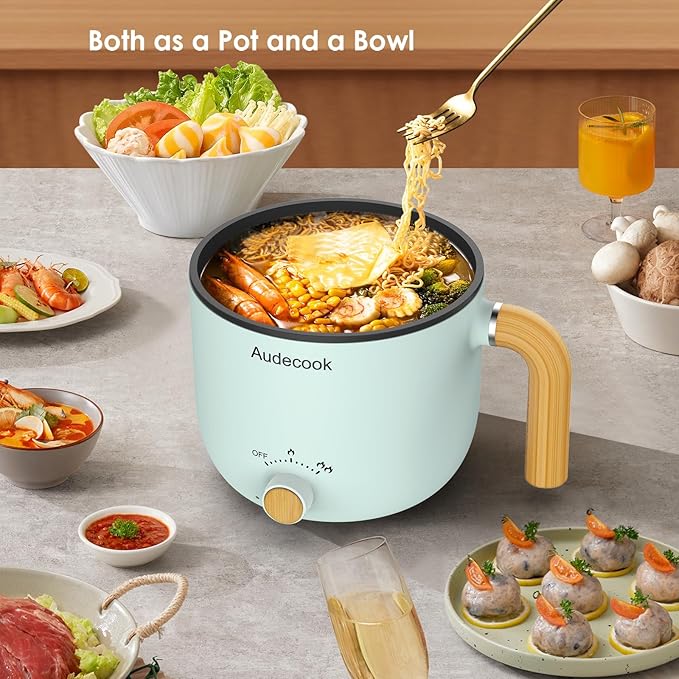 Audecook Hot Pot Electric with Steamer, 1.5L Portable Nonstick Mini Multicooker, Travel Electric Skillet with Dual Power Control for Pasta/Soup/Steak/Egg/Oatmeal (Green)