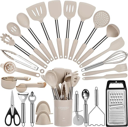 Cooking Utensils Set, 35Pcs Silicone Kitchen Utensils Set with Holder, 446°F Heat Resistant Food Grade Spatula Set, BPA Free Kitchen Gadgets for Non-stick Cookware, Easy to Clean (Khaki)