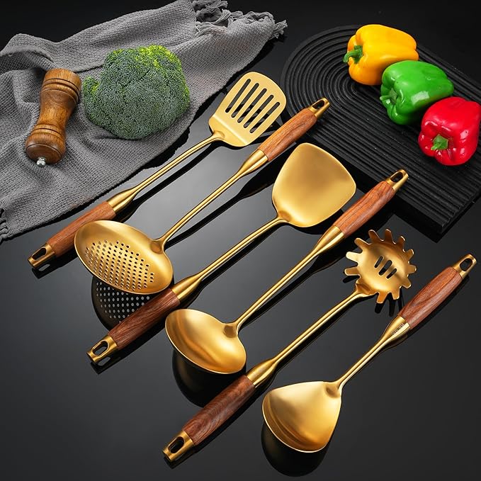 Gold Kitchen Utensils Set with Wooden Handle, 6 PCS Professional Stainless Steel Cooking Utensils Set, Wok Spatula, Ladle, Skimmer, Slotted Spatula Turner, Spaghetti Spoon, Large Spoon