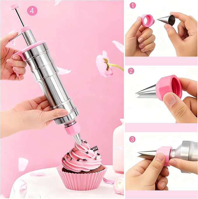 Gawren-H&E 208 PCS Cake Decorating Kit,Baking Supplies with Dessert Decorating Syringe Set,Storage Case,Icing Piping Bags and Tips Set,Frosting Fondant Bakery Set for Adults Beginners(Light Pink)