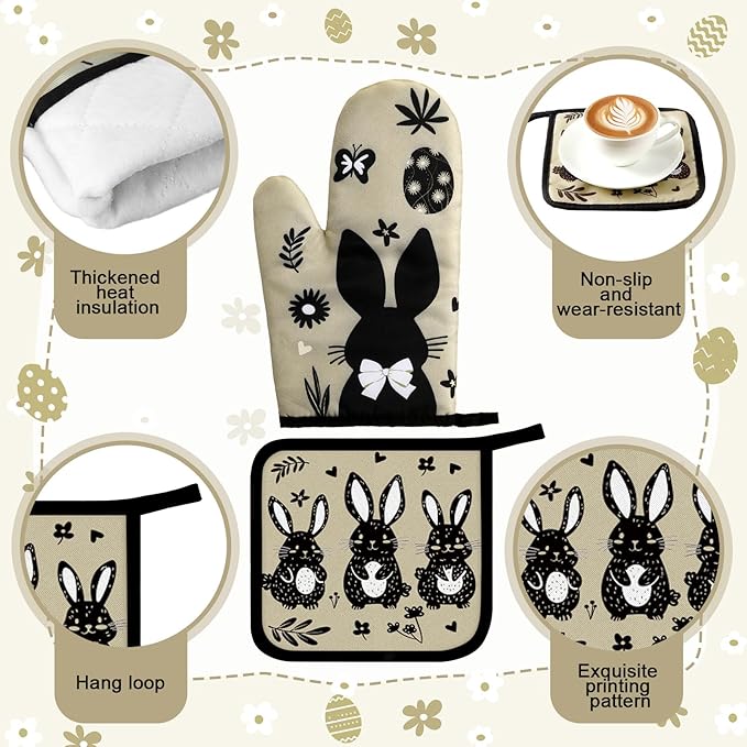 10 Pcs Easter Kitchen Decor Set Easter Kitchen Towels Oven Mitts and Pot Holder Spring Bunny Eggs Flowers Rugs and Mats Black Rabbit Gloves Potholders for Farmhouse Rustic Baking Cooking BBQ