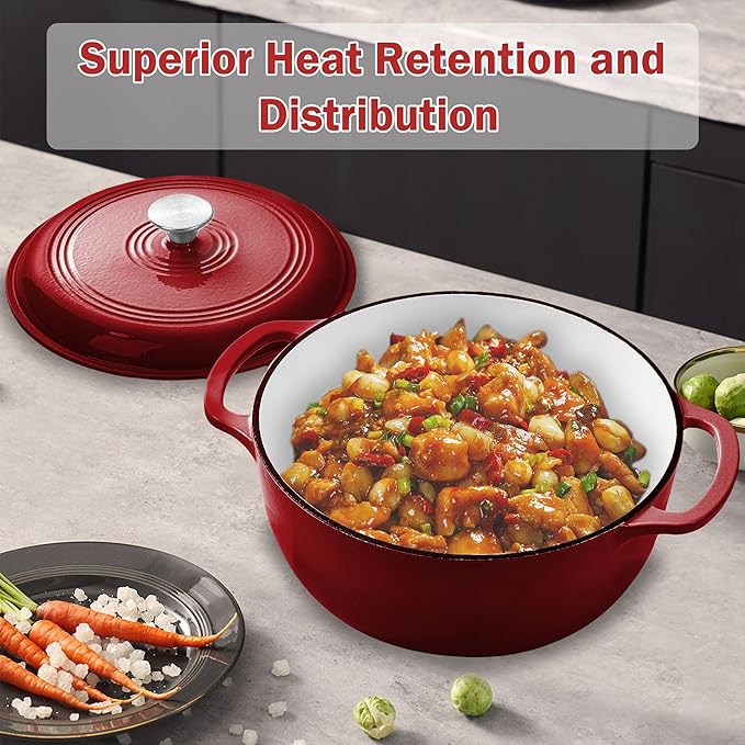 Vivicreate 6 Quart Enamel Cast Iron Dutch Oven Pot with Lid – Enameled Cookware for Baking, Roasting, and Braising – Durable Cast Iron Pot for Stove Top and Oven Use Red color (Red)